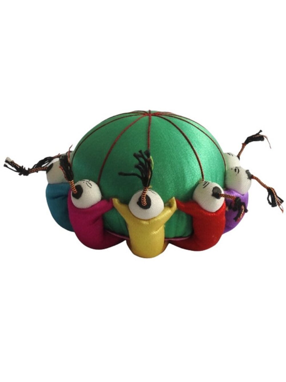 Vintage Chinese Silk Pin Cushion Children Holding Hands Green Satin Folk Art